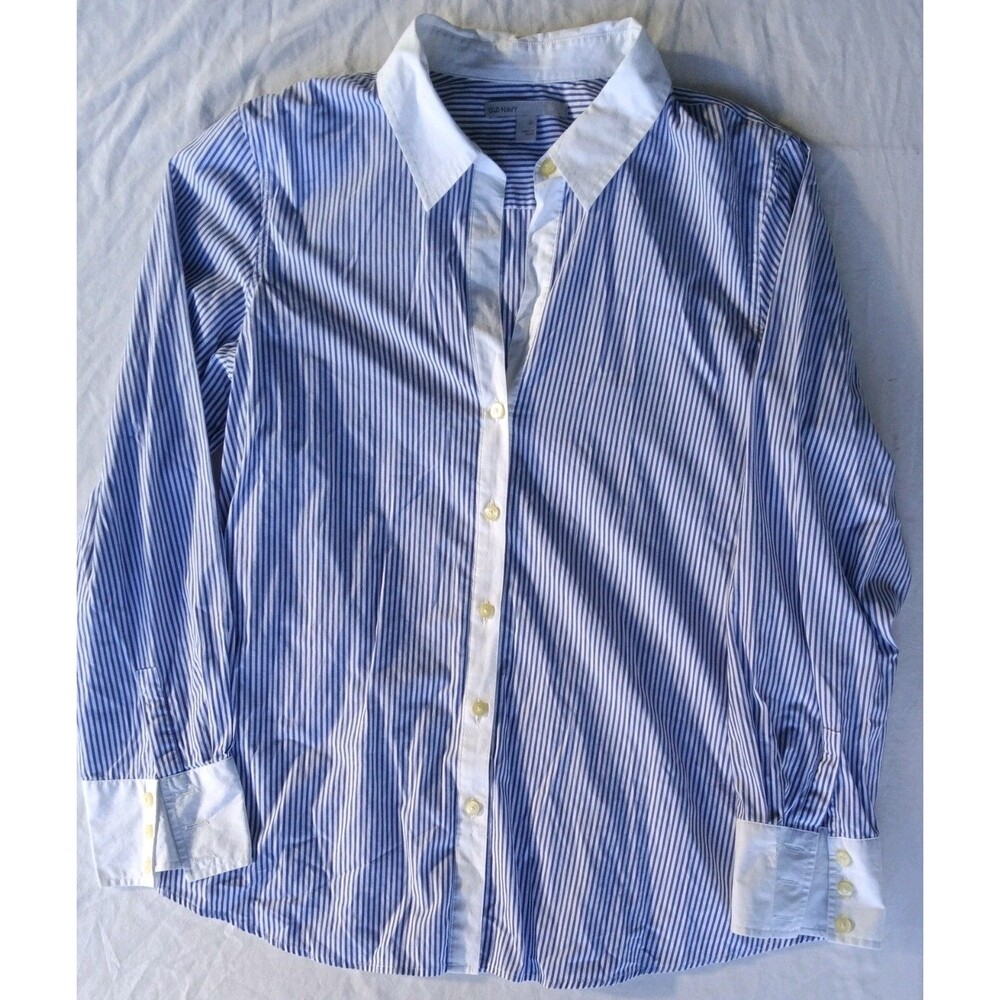 Old Navy Shirt Women's XL Blue Striped White Collared Button Up Long Sleeve Top